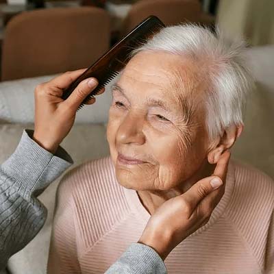 Peinando a una mujer mayor sonriente con pelo corto.